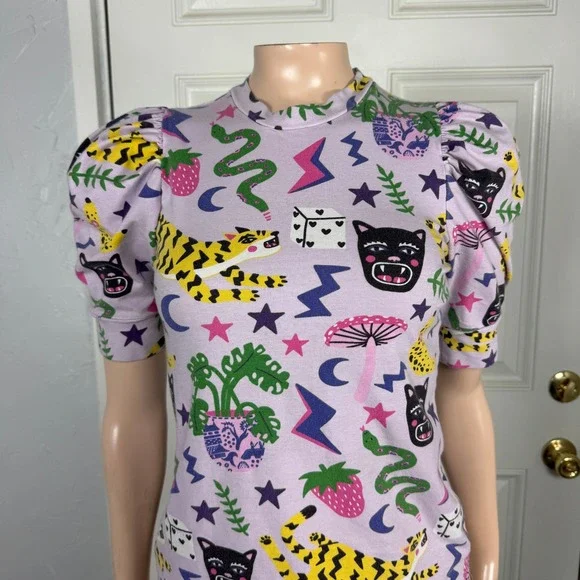 Vintage Nooworks Shirt XS Tee Floral Hastings Print Cotton Mushroom Puff top E3 - Picture 2 of 6